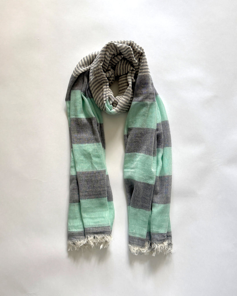 Cotton Scarf Multistripes - Aqua and Grey