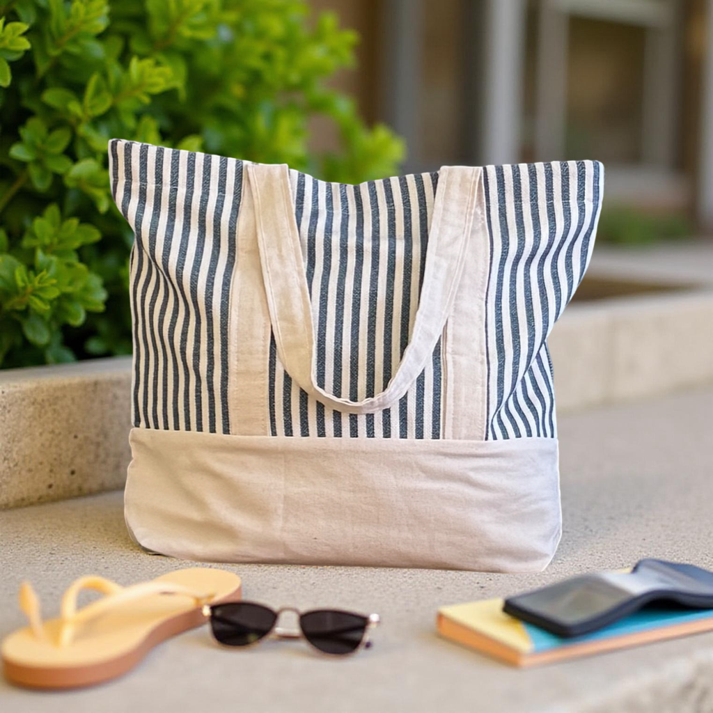 Canvas Tote Bag - Olive Green Stripes
