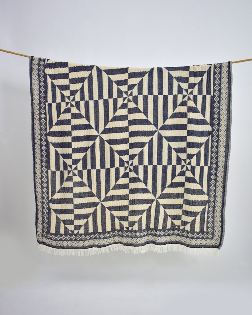 Modern Cotton Throw – Navy with Ivory